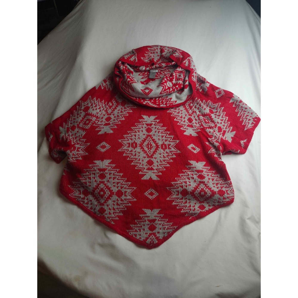 New Directions Weekend Red Grey Southwestern Cowl Neck Poncho Sweater Plus 1X